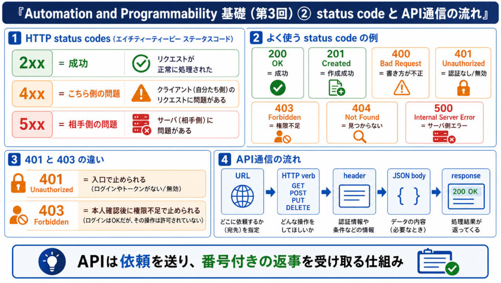 HTTP status codeの分類とAPI通信の流れを示した図。2xx・4xx・5xxの違い、200・201・400・401・403・404・500などの代表例、401と403の違い、URL・HTTP verb・header・JSON body・responseの流れを整理した学習用図解