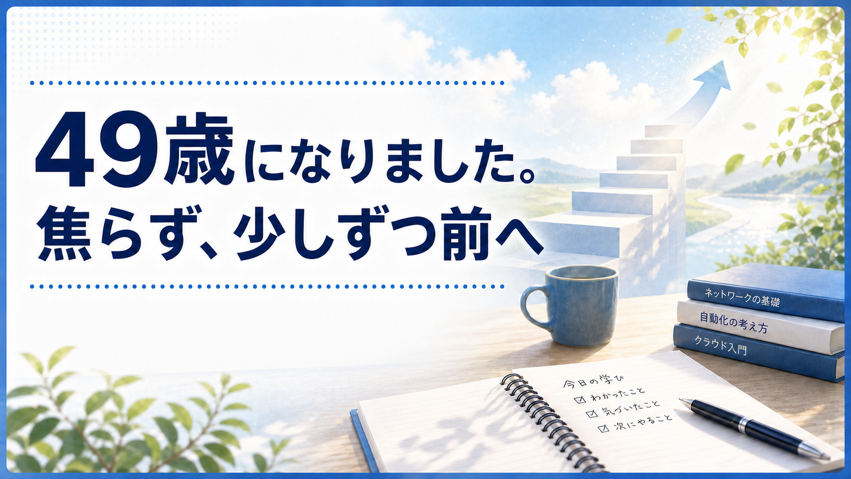 49歳の節目を迎えた気持ちと学び続ける姿勢を、夏らしいやわらかな雰囲気で表したブログ用アイキャッチ画像。青空や緑、ノートや本を背景に、焦らず少しずつ前へ進む思いを表現したサムネイル