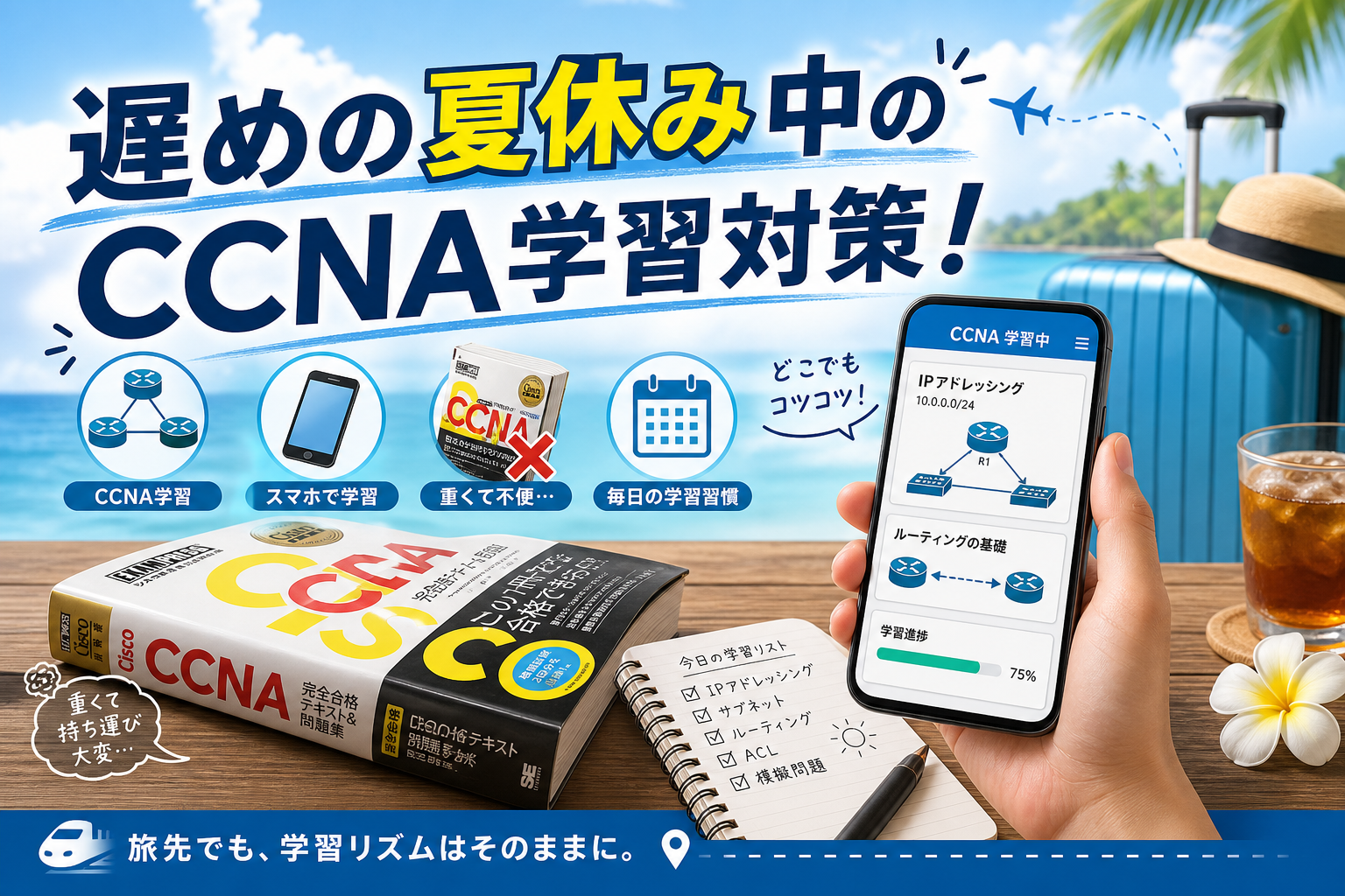 遅めの夏休み中のCCNA学習対策をテーマにしたアイキャッチ画像。帰省中もスマホを使って学習を続け、勉強のリズムを崩さない工夫を表現したブログ用サムネイル