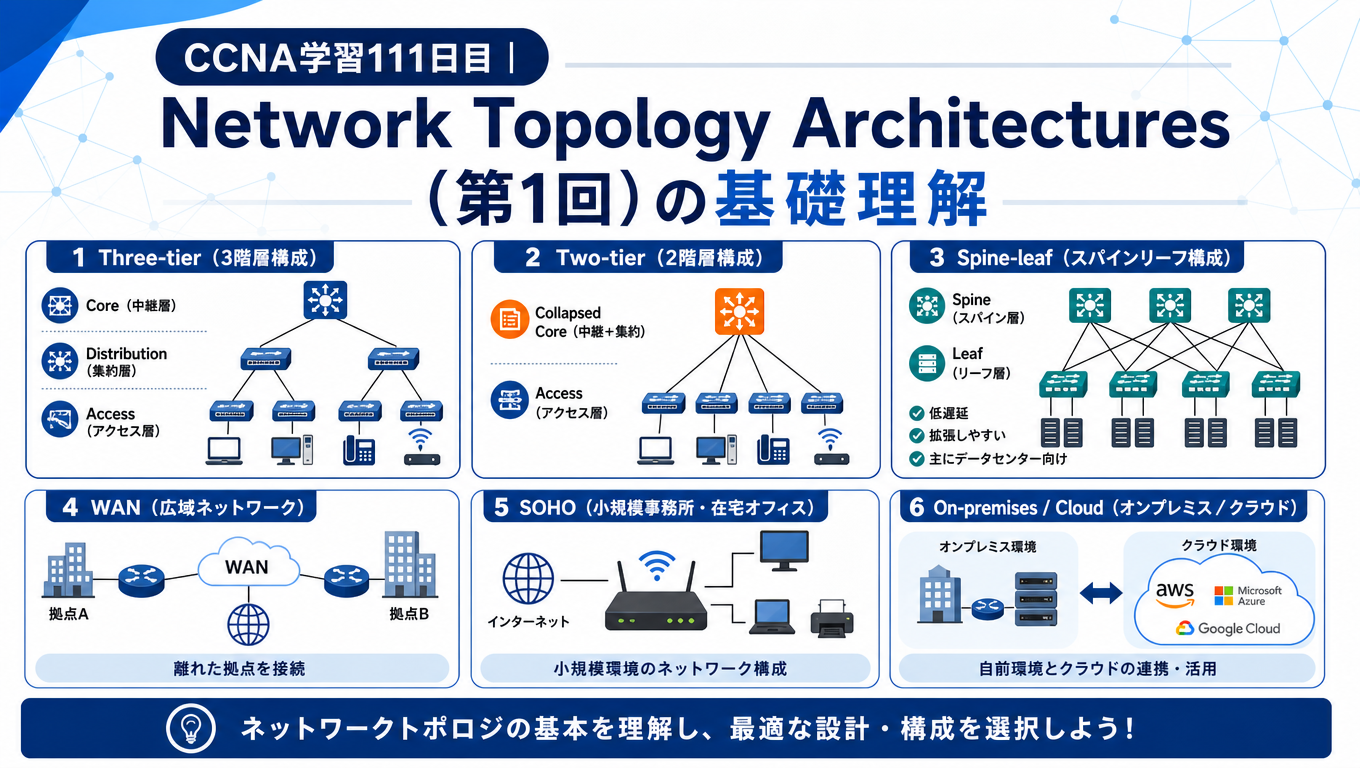 CCNA学習用のネットワークトポロジ構成の解説図。Three-tier、Two-tier、Spine-leaf、WAN、SOHO、オンプレミスとクラウド連携の6構成を比較したアイキャッチ画像