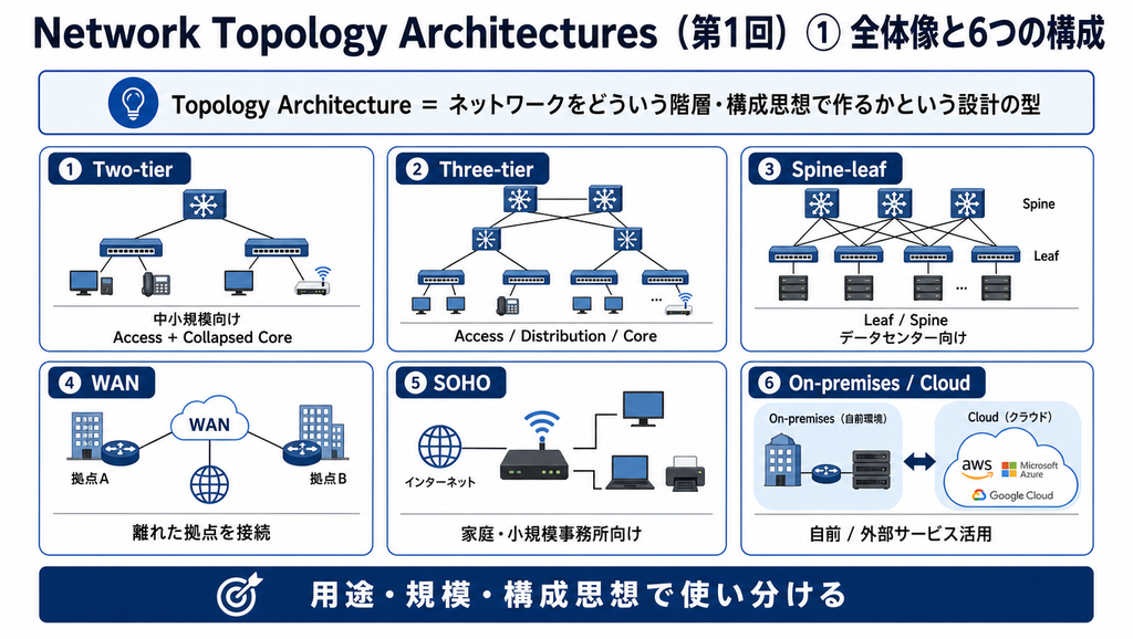 Network Topology Architecturesの全体像として、Two-tier、Three-tier、Spine-leaf、WAN、SOHO、On-premisesとCloudの6つの構成をまとめた図