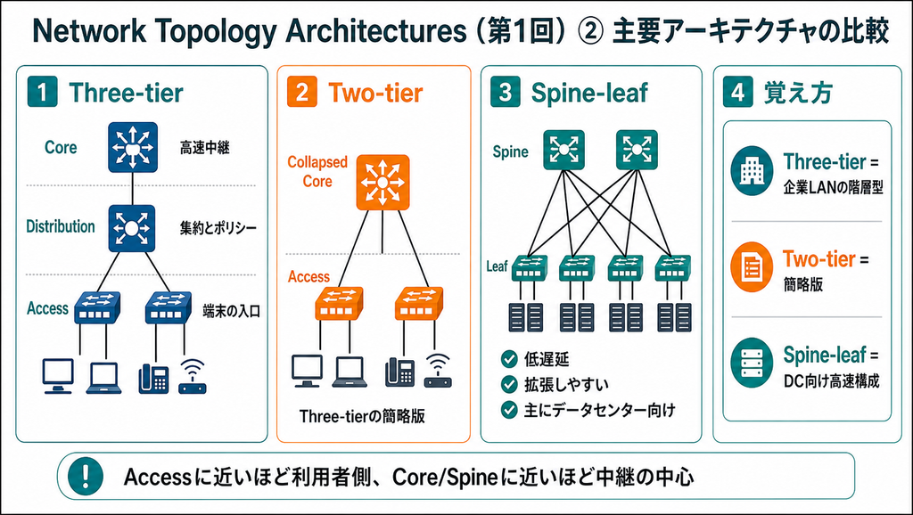 Three-tier、Two-tier、Spine-leafの違いを比較し、Access、Distribution、Core、Leaf、Spineの役割を整理した図