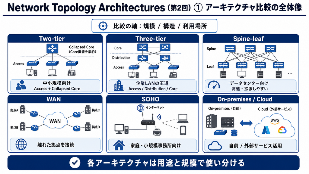 Network Topology Architecturesの比較全体像として、Two-tier、Three-tier、Spine-leaf、WAN、SOHO、On-premisesとCloudを規模・構造・利用場所の観点で整理した図