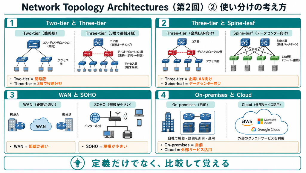 Two-tierとThree-tier、Three-tierとSpine-leaf、WANとSOHO、On-premisesとCloudの違いを比較して使い分けを整理した図